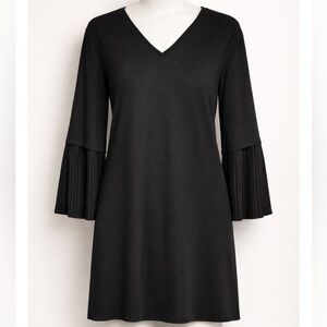 Halston Black Shift Dress with Pleated Flared Sleeves